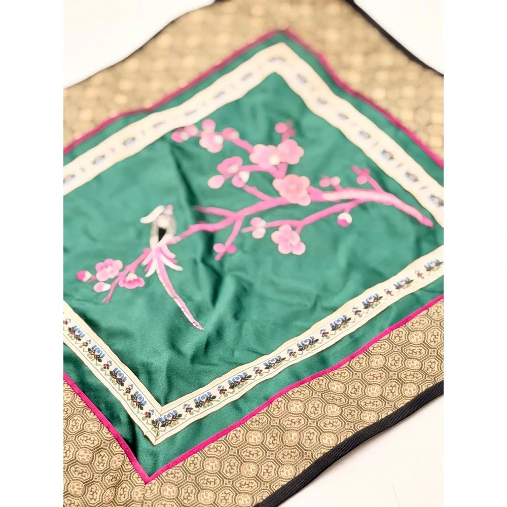 Vintage Chinese Hand Embroidered Silk Textile Bird Cherry Blossom Green 12x12